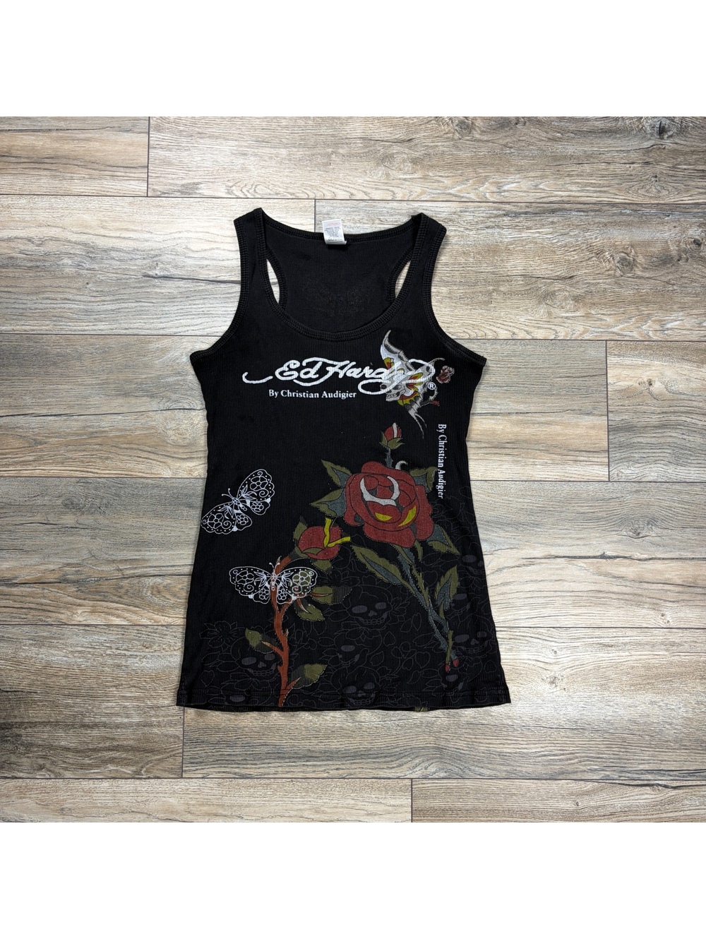 00’s Ed Hardy By Christian Audigier Black Tank Top with Rose and Butterfly Print
